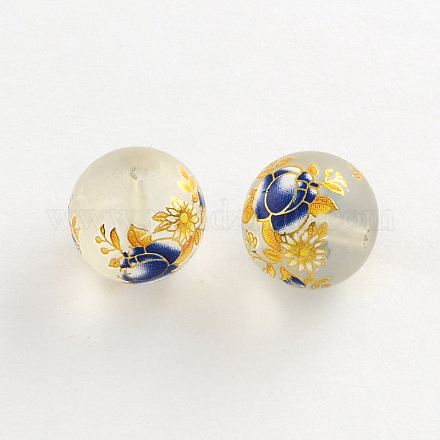 Flower Picture Frosted Transparent Glass Round Beads GFB-R004-14mm-H15-1