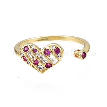 Medium Violet Red Cubic Zirconia Heart Open Cuff Ring for Women RJEW-N035-086-1