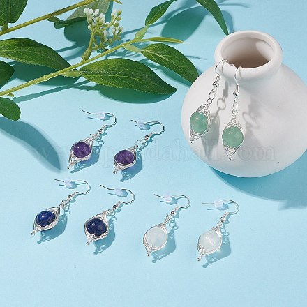 Круглые плетеные серьги с подвесками из натурального камня EJEW-JE04844-1