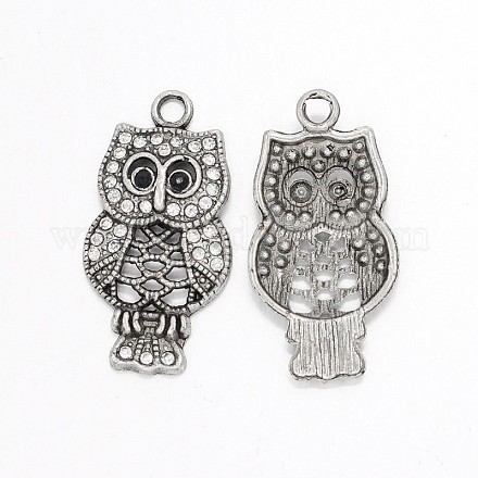 Antique Silver Alloy Rhinestone Owl Pendants for Halloween Jewelry RB-J222-01AS-1