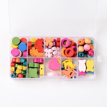 1 scatola perline di forme di legno misti per bambini fai da te WOOD-X0003-B-1
