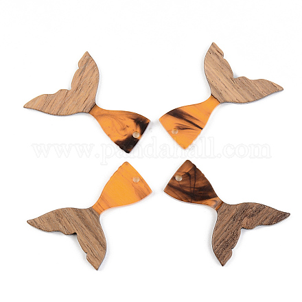 樹脂＆ウォールナットウッドペンダント  人魚フィッシュテールの形  オレンジ  39x28x3mm  穴：2mm RESI-S389-032A-A01-1