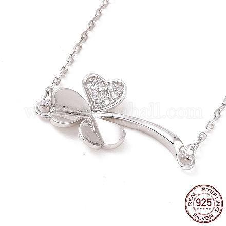 Rhodium Plated Sterling Silver Clover Pendant Necklace with Clear Cubic Zirconia for Women NJEW-P267-01P-1