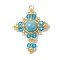 Natural Mashan Jade(Dyed) & Glass & Brass Beaded Pendants, Cross Charms, Golden, Deep Sky Blue, 33x26x8mm, Hole: 2.8mm