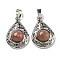 Natural Rhodonite Pendants, Rack Plating Brass Hollow Teardrop Charms, Cadmium Free & Lead Free, Platinum, 29.5x19.5x7.5mm, Hole: 7.5x5mm