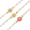 Brass Flower Link Chains, with Enamel and ABS Imitation Pearl, Soldered, with Spool, Golden, 12.5x7.5x2mm, about 32.81 Feet(10m)/Roll