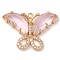 Rack Plating Brass Clear Cubic Zirconia Pendants, with Glass, Lead Free & Cadmium Free, Long-Lasting Plated, Butterfly Charm, Real 14K Gold Plated, Misty Rose, 20x28x5mm, Hole: 1.4mm