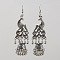 Tibetan Style Alloy Peacock with Bell Chandelier Earrings, Long Drop Earrings for Women, Antique Silver, 91x26mm
