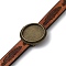 Alloy Flat Round Link Bracelet Settings fit for Cabochons, with Feather Pattern PU Leather Cords, Antique Bronze, 8 inch(20.3cm), Tray: 18x18mm