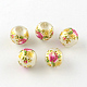 Perles rondes imprimées de motif de fleur rose en verre X-GFB-R005-10mm-A-2
