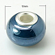 手作り陶器ヨーロピアンビーズ  シルバーカラーの真鍮の二重コアを持つ  ロンデル  マリンブルー  15x10~11mm  穴：5mm OPDL-G001-11-1