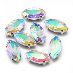 Coudre sur strass, liens multi-brins, Strass en verre, avec supports de griffes en laiton de ton platine, accessoires de vêtements, facette, oeil de cheval, clair ab, 12x6x4.5mm, Trou: 0.8~1mm