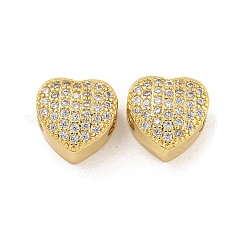 Estante chapado latón micro pavé circonio cúbico cuentas europeas, sin plomo y cadmio, Plateado de larga duración, corazón, real 18k chapado en oro, 11.5x12x8mm, agujero: 5 mm