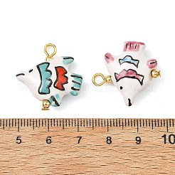 手作りの磁器のペンダント  漫画柄のチャームが付いた魚  ゴールドカラー  ミックスカラー  23x22x8mm  穴：3mm&nbsp;PALLOY-JF06067-02