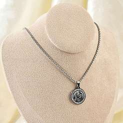 Collane con catena a maglie piatte e pendenti tonde in acciaio inossidabile 201 micro pavé di zirconi cubici trasparenti per uomo&nbsp;NJEW-S387-03P