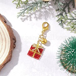 クリスマスギフト 手作りガラスシードビーズペンダント装飾 4個  鉄製のベルチャームと合金製のロブスタークロウ留め金付き  ゴールドカラー  ミックスカラー  50mm&nbsp;HJEW-MZ00350