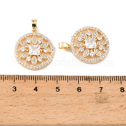 真鍮と透明キュービックジルコニアのペンダント  フラットラウンド、花柄チャーム付き  18KGP本金メッキ  21x18.5x3.5mm  穴：5x2.5mm&nbsp;KK-G558-12G