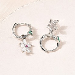 花柄真鍮製マイクロパヴェキュービックジルコニアフープピアス（女性用）  ラックめっき  長持ちメッキ  鉛フリー＆カドミウムフリー  プラチナ  24x10.5mm&nbsp;EJEW-A167-13P-01