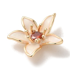 真鍮製エナメルペンダント  ガラスと  18KGP本金メッキ  花のチャーム  アンティークホワイト  19x16x5mm  穴：1mm&nbsp;X-KK-S368-13G-02