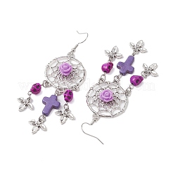 Серьги-подвески из плетенной паутины/сетки с крестом и черепом из синтетической бирюзы EJEW-JE05865-02