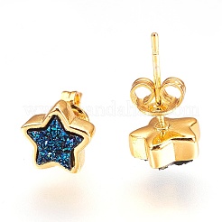 レジンイミテーションドゥルージークリスタルスタッドピアス  真鍮パーツ  スター  ゴールドカラー  ブルー  8x8x4mm  ピン：0.7mm&nbsp;EJEW-O081-A09