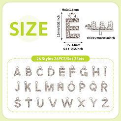 合金ラインストーンチャーム2セット  a～zの文字  プラチナ  13x3.5~14x2mm  穴：1.6mm  26個/セット&nbsp;ENAM-TA0008-99P