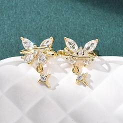 Серьги-каффы с бабочкой и звездой из латуни с микропаве из прозрачных кубических цирконий&nbsp;EJEW-H178-11G