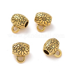 チベットスタイルの合金チューブベイル  ループベイル  花付きチューブ  アンティーク黄金  10x8.5x7mm  穴：1.8mm  内径：3.3mm  900個/ 1000g&nbsp;FIND-H038-53AG