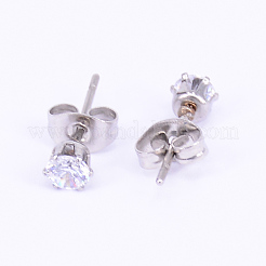 ステンレス製のスタッドのピアス  クリアキュービックジルコニアとイヤーナット付き  フラットラウンド  ステンレス鋼色  14.5x4mm  ピン：0.7mm&nbsp;EJEW-WH0005-01P-B