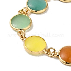 Красочные плоские круглые браслеты-цепочки «кошачий глаз» с латунными звеньями для женщин NJEW-K269-08KCG