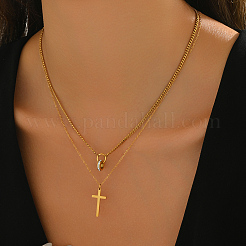 Двухслойные ожерелья с подвеской-крестом из нержавеющей стали и кристаллами горного хрусталя для женщин BW9176