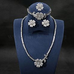 フラワー真鍮マイクロパヴェキュービックジルコニアペンダントネックレス＆スタッドピアス＆リング＆ブレスレットセット  プラチナ  透明  400mm&nbsp;WG9A1B1-01