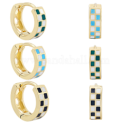 3 пара двухцветных серег-колец из латуни с эмалевым узором в клетку&nbsp;EJEW-BBC0002-12