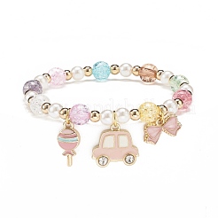 カラフルな合金エナメルかわいいチャーム ブレスレット  女性用プラスチック パール & アクリル & 合成ヘマタイト ラウンド ビーズ ブレスレット  混合模様  ペンダント：8~35x6.5~18.5x1~3.5センチメートル  内径：2-1/8インチ（5.5cm）&nbsp;BJEW-JB08661