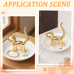 猫の形をした陶器のジュエリー装飾プレート1枚  イヤリング、リング、ブレスレット用のジュエリーディスプレイトレイ  ゴールド  102x106mm&nbsp;ODIS-BBC0001-11A
