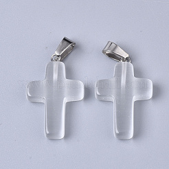 キャッツアイペンダント  ステンレス鋼ヒートンキャップ付き  クロス  ステンレス鋼色  透明  28~30x18x6mm  穴：7x3.5mm&nbsp;G-S358-003L