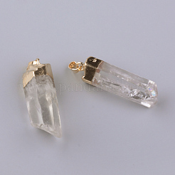 電気メッキ天然石クオーツクリスタルペンダント  水晶  鉄パーツ  ゴールドカラー  35~47x10~16x10~15mm  穴：6x3mm&nbsp;G-Q481-73G