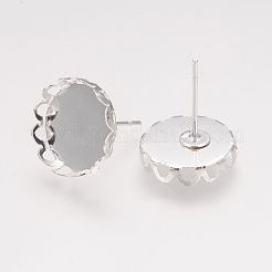 真鍮ベゼルスタッドピアスパーツ  ニッケルフリー  銀色のメッキ  トレイ：12mm  13mm  ピン：0.6mm&nbsp;X-KK-I003-S-NF