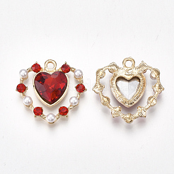 合金ペンダント  プラスチック模造パールと  ガラス、ラインストーン  ハート  ライトゴールド  レッド  26x26.5x6mm  穴：2mm&nbsp;PALLOY-S177-28D