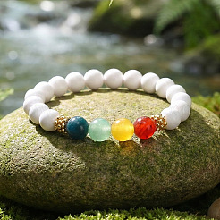 Круглые эластичные браслеты для женщин из натурального смешанного камня и акрилового искусственного жемчуга.&nbsp;CO7250