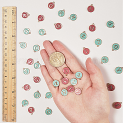金メッキ合金エナメルチャーム  エポチャーム  アルファベット付きのフラットラウンド  a～zの文字  ターコイズ&フラミンゴ  ゴールドカラー  14x12x2mm  穴：1.5mm  26個/セット  2色  1セット/カラー  2セット /箱  52個/箱&nbsp;PALLOY-SC0002-27B