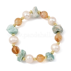 Bracelets extensibles en perles rondes de citrine naturelle et pépites d'amazonite&nbsp;BJEW-JB14287-03