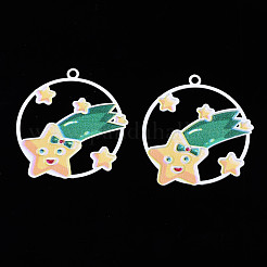 スプレープリント真鍮製ペンダント  プリント付き  流星とフラットラウンド  シーグリーン  30.5x29x0.4mm  穴：1.8mm&nbsp;KK-Q281-008