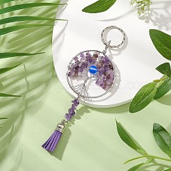 生命の木合金天然アメジスト＆合成ムーンストーンキーチェーン  鉄製リング付きフェイクスエードタッセルキーホルダー  15.5cm&nbsp;KEYC-JKC00987-03