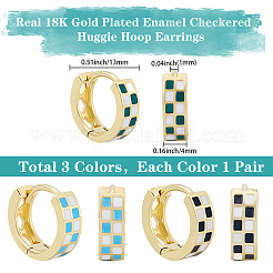 3 пара двухцветных серег-колец из латуни с эмалевым узором в клетку&nbsp;EJEW-BBC0002-12