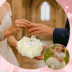 DIYパーティーデコレーションキット  ローズハートポリエステルとフォーム結婚指輪ディスプレイ枕付き  ポリエステル製フラワーバスケット  プラスチック製の人工花びら  ベージュ  180x190x73mm&nbsp;DIY-PH0035-66