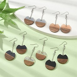Двухцветные плоские круглые серьги с подвесками из смолы и орехового дерева EJEW-JE05570