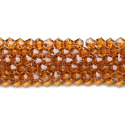 Transparent Electroplate Glass Beads Strands, Pearl Luster Plated, Faceted, Bicone, Dark Orange, 4x4mm, Hole: 0.8mm, about 87~98pcs/strand, 12.76~14.61 inch(32.4~37.1cm)