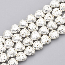 Electroplated Natural Lava Rock Beads Strands, Bumpy, Heart, Silver Plated, 11x10~10.5x4.5~5mm, Hole: 1mm, about 40pcs/strand, 15.7 inch
