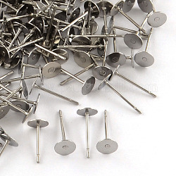 316 Surgical Stainless Steel Flat Round Blank Peg Stud Earring Settings, Stainless Steel Color, Tray: 5mm, 12x5mm, Pin: 0.8mm